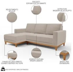 Sofá Living 200cm 3 Lugares Com Chaise Esquerdo Kayrós D05 Boucle Bege