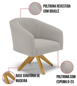 Poltrona Giratória Stella Bouclê Base de Madeira MA30 - D'Rossi - Cinza