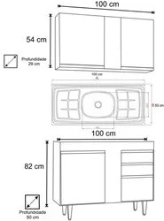 Armário Aéreo Indiana e Balcão Gabinete 100cm com Pia Inox Luziania Ca