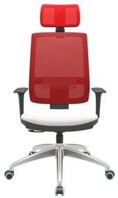 Cadeira Office Brizza Tela Vermelha Com Encosto Assento Vinil Branco RelaxPlax Base Aluminio 126cm - 63538 Sun House