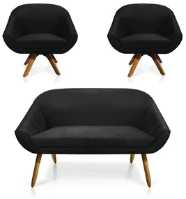 Kit 01 Namoradeira 02 Lugares e 02 Poltronas GiratĂłria Giovana Suede Preto Base Madeira MM30 - D'Rossi