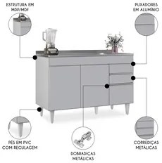 Balcão de Cozinha com Pia Inox 120cm 3 Portas Michigan Cinza Claro - L