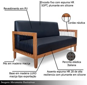 Conjunto Sofá Namoradeira e Poltrona Sala de Estar Pés Madeira Maciça Corda Náutica Preta Manila PU Preto G63 - Gran Belo