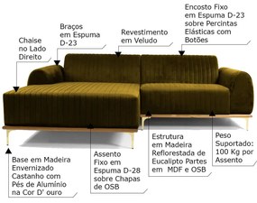 Sofá 4 Lugares Bipartido com Chaise Lado Direito Base de Madeira Euro 255 cm Veludo Mostarda G15 - Gran Belo