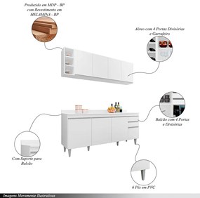 Conjunto Balcão de Cozinha com Tampo Apex Armário Aéreo MDP/BP Branco G96 - Gran Belo