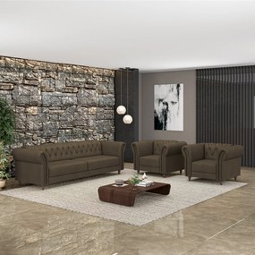 Conjunto Sala de Estar 1 Sofá Living 200cm e 2 Poltronas Stanford Chesterfield Pés Madeira Couro Capuccino G58 - Gran Belo