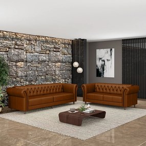 Conjunto de Sofá Sala de Estar Stanford Chesterfield 2 e 3 Lugares 200cm/240cm Pés Madeira Couro Caramelo G58 - Gran Belo