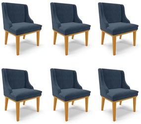 Kit 6 Cadeiras Decorativas Sala de Jantar Base Fixa de Madeira Firenze Suede Azul Marinho/Castanho G19 - Gran Belo