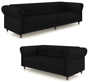 Conjunto de Sofá Sala de Estar Stanford Chesterfield 2 e 3 Lugares 200cm/240cm Pés Madeira Couro Preto G58 - Gran Belo