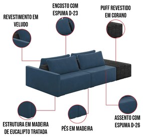 Sofá Ilha 2 Lugares Living 232cm Modulado Sala Lary Veludo/PU Pto K01 - D'Rossi - Azul Marinho