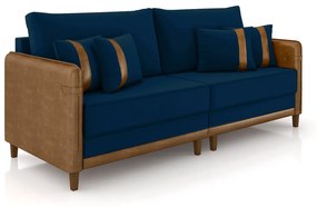 Sofá Living Montecarlo 2 Lugares Bipartido 212cm Pés em Madeira Veludo/PU Azul/Caramelo G33 - Gran Belo