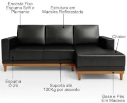 Sofá 3 Lugares 200cm Living Com Chaise Direito Sala de Estar Kayrós D0