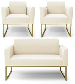 Sofá Namoradeira com 2 Poltronas Base Industrial Dourado Marisa Veludo D03 - D'Rossi - Bege