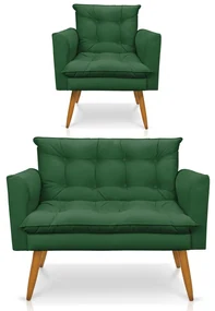 Kit 1 Sofá Namoradeira e 1 Poltrona Tais Suede Verde Pés Palito Castanho - D'Rossi
