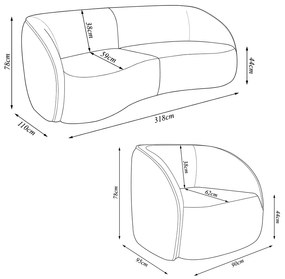 Conjunto Sofá Sala de Estar Bipartido 318cm e 2 Poltronas Clarke PU Preto Manchado G45 - Gran Belo