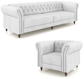 Conjunto Sala de Estar 1 Sofá Living 240cm e 1 Poltrona Stanford Chesterfield Pés Madeira Couro Branco G58 - Gran Belo