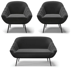 Kit 01 Namoradeira 02 Lugares e 02 Poltronas Giovana Suede Preto Pés Palito De Ferro - D'Rossi
