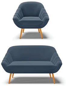 Kit 01 Namoradeira 02 Lugares e 01 Poltrona Giovana Suede Pés Palito Castanho - D'Rossi - Azul Marinho
