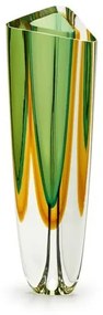 Vaso Triangular nº 2 Bicolor Verde com Âmbar Murano Cristais Cadoro