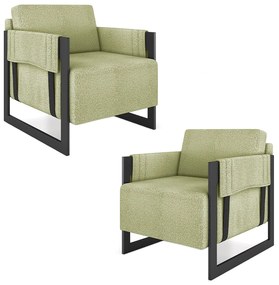 Kit 2 Poltronas Decorativa Sala de Estar Moria Base em Ferro Bouclê Preto/Verde G33 - Gran Belo