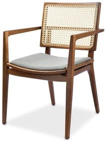 Cadeira Brigitte com Braço Linho Cinza Claro e Encosto Tela com Estrutura Castanho Medio Fosco - 74116 Sun House