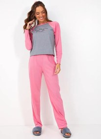 Pijama Rosa/Mescla em Malha de Algodão