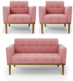 Conjunto 2 Poltronas e 1 Namoradeira Decorativa Karen Pés Fixo em Madeira Castanho Suede Rose G19 - Gran Belo