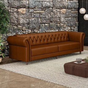 Sofá Living Sala de Estar Stanford Chesterfield 3 Lugares 240cm Pés de Madeira Couro Caramelo G58 - Gran Belo