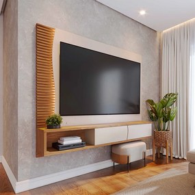 Painel TV 65 Pol 180cm Bancada Suspensa Ripado Manacá C04 - D'Rossi - Off White Matte e Freijó
