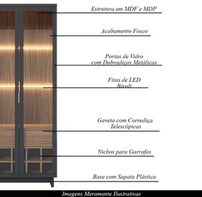 Conjunto Decorativo Cristaleira com Led e Buffet Aparador 160cm Tenerife/Gunga Preto Fosco/Noce G73 - Gran Belo