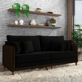 Sofá Living Montecarlo 3 Lugares Bipartido 232cm Pés em Madeira Veludo/PU Preto/Marrom G33 - Gran Belo