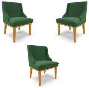 Kit 3 Cadeiras Decorativas Sala de Jantar Base Fixa de Madeira Firenze Veludo Verde Esmeralda/Castanho G19 - Gran Belo