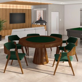 Conjunto Mesa de Jogos Carteado Bellagio Tampo Reversível e 6 Cadeiras Madeira Poker Base Cone Veludo Verde/Imbuia G42 - Gran Belo