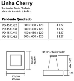 Pendente Quadrado Cherry 4L E27 45X45X12Cm | Usina 4541/45 (CB-M - Cobre Metálico)