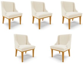 Kit 5 Cadeiras Decorativas Sala de Jantar Base Fixa de Madeira Firenze Linho Bege/Castanho G19 - Gran Belo