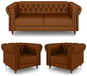 Conjunto Sala de Estar 1 Sofá Living 220cm e 2 Poltronas Stanford Chesterfield Pés Madeira Couro Caramelo G58 - Gran Belo