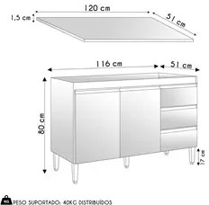 Balcão de Cozinha Com Tampo 120cm 3 Gavetas Andréia Amêndoa/Preto - AJ