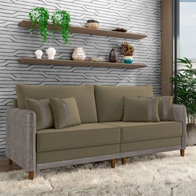 Sofá Living Montecarlo 3 Lugares Bipartido 252cm Pés em Madeira Veludo/PU Castor/Cinza G33 - Gran Belo