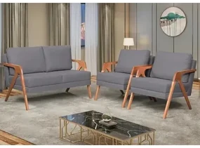 Kit 2 Poltronas + Namoradeira Mona Luxo Madeira Maciça Linho Cinza