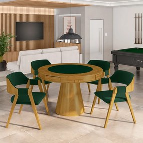 Conjunto Mesa de Jogos Carteado Bellagio Tampo Reversível e 4 Cadeiras Madeira Poker Base Cone Veludo Verde/Mel G42 - Gran Belo