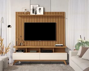 Rack Vivare 1.6 Wood Com Painel Para TV Até 65 Polegadas Classic Ripado Verdadeiro Nature/Off White - JLAR Móveis