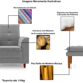 Poltrona de Amamentação com Puff Líria Veludo Pé de Madeira N03 - D'Rossi - Prata