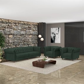 Conjunto Sala de Estar 1 Sofá Living 240cm e 2 Poltronas Stanford Chesterfield Pés Madeira Couro Verde G58 - Gran Belo