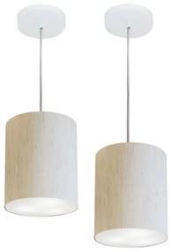 Kit/2 Lustre Pendente Cilíndrico Md-4012 Cúpula em Tecido 18x25cm Linho Bege - Bivolt