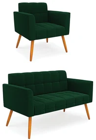 Namoradeira e Poltrona PĂ© Palito Castanho Elisa BouclĂŞ Verde D03 - D'Rossi
