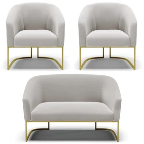Namoradeira e 2 Poltronas Industrial Dourado Stella Veludo Cinza D03 - D'Rossi