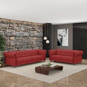 Conjunto de Sofá Sala de Estar Stanford Chesterfield 2 e 3 Lugares 200cm/240cm Pés Madeira Couro Vermelho G58 - Gran Belo