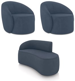 Sofá 2 Lugares Orgânico 140cm Morgan e 2 Poltronas Lua Suede D03 - D'Rossi - Azul Marinho