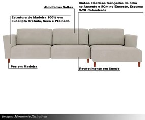 Sofá 350cm com Chaise Direita Estrutura em Madeira Franz Suede Bege G52 - Gran Belo