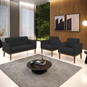 Conjunto 2 Poltronas e 1 Namoradeira Decorativa Isabella Pés Fixo em Madeira Castanho Veludo Preto G19 - Gran Belo